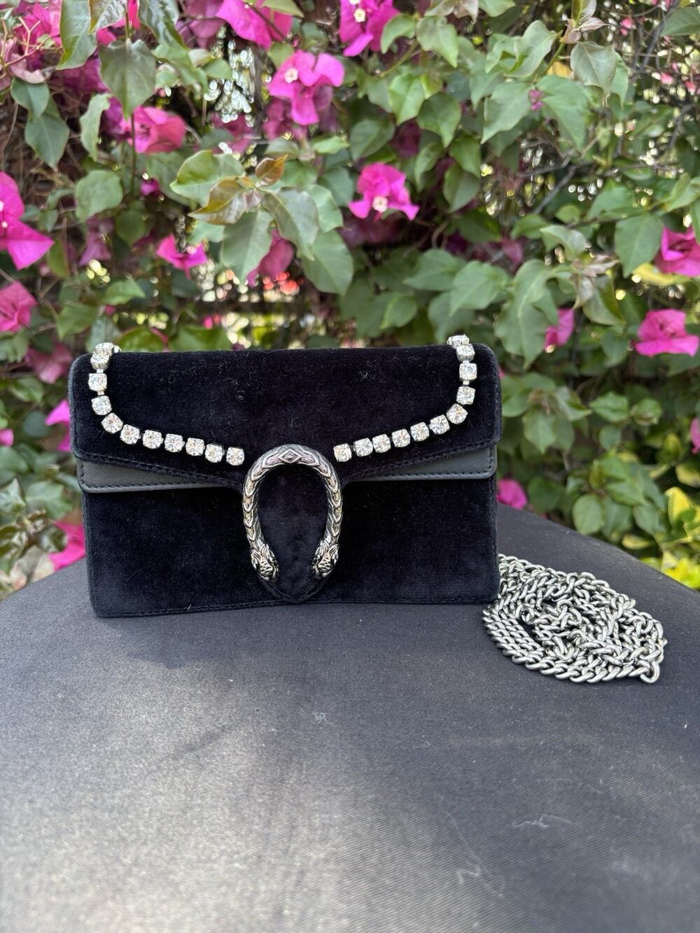 Gucci Dionysus Velvet & Crystal Super Mini Chain Bag Black